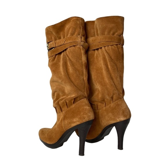 Michael Kors Cognac Suede Slouch buckle pull on knee high Boot heels size 8.5 M - Picture 6 of 10